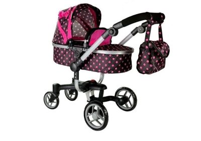 Carucior pentru papusi, negru cu buline roz MCT 5245 - Carucioare pentru papusi - Mercaton Store