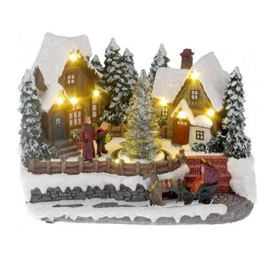 Decoratiune Craciun, polirasina, Sat de Craciun, cu brazi si caleasca, LED, 3xAA, 22x16x15 cm, Magic Home - Decoratiuni de craciun - Mercaton Store