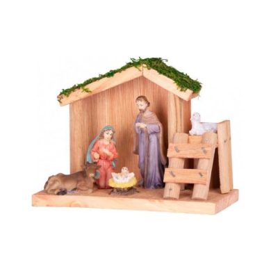 Decoratiune Craciun, polirasina, lemn, Nasterea lui Iisus, iesle cu animale, 15x6.5x11 cm, Magic Home - Decoratiuni de craciun - Mercaton Store
