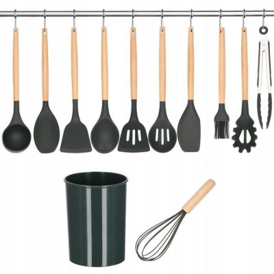 Set ustensile bucatarie, silicon si bambus, grafit, 12 piese, Springos - Ustensile Gatit Bucatarie - Mercaton Store