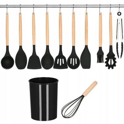 Set ustensile bucatarie, silicon si bambus, negru, 12 piese, Springos - Ustensile Gatit Bucatarie - Mercaton Store