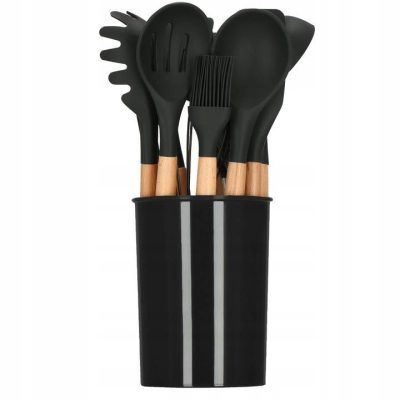 Set ustensile bucatarie, silicon si bambus, negru, 12 piese, Springos - Ustensile Gatit Bucatarie - Mercaton Store