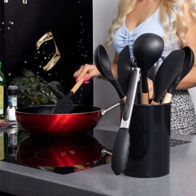 Set ustensile bucatarie, silicon si bambus, negru, 12 piese, Springos - Ustensile Gatit Bucatarie - Mercaton Store