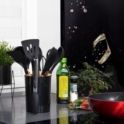 Set ustensile bucatarie, silicon si bambus, negru, 12 piese, Springos - Ustensile Gatit Bucatarie - Mercaton Store