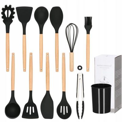 Set ustensile bucatarie, silicon si bambus, negru, 12 piese, Springos - Ustensile Gatit Bucatarie - Mercaton Store