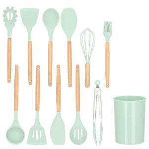 Ustensile bucatarie, silicon si bambus, menta, set 12 piese, Springos - Ustensile Gatit Bucatarie - Mercaton Store