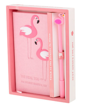 Caiet cu Flamingo finisat cu piele ecologica + Pix cu Flamingo