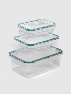 Set 3 cutii dreptunghiulare,  pentru alimente, cu manere laterale si capac ermetic, Transparent - Caserole si Cutii Alimente - Mercaton Store