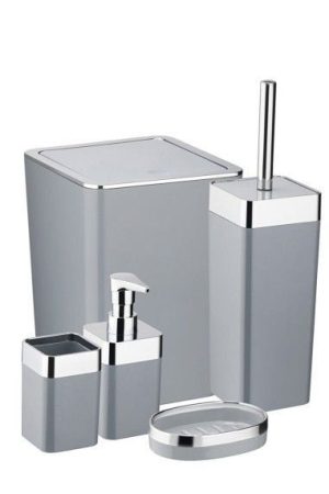 Set accesorii pentru baie,  compus din 5 piese, perie wc, cos gunoi, dispenser sapun, pahar, suport sapun, ABS durabil si rezistent, Gri - Mobilier Baie - Mercaton Store