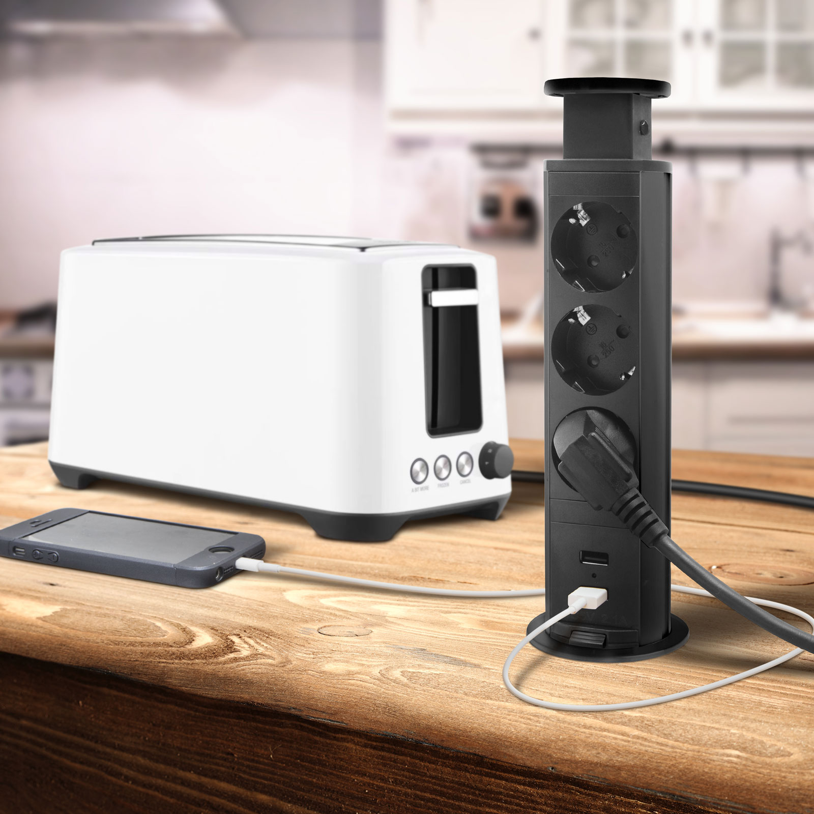 Distribuitor 3 prize MK02 cu protectie impotriva copiilor, 2 x Port USB, incorporabil cu sistem Pop-Up, 230V, Negru - Prelungitoare electrice - Mercaton Store