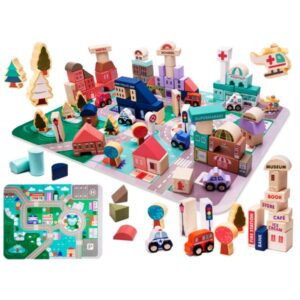 Set 135 piese, cuburi de constructie din lemn pentru copii, CityDream, 55 x 42 cm, 3 ani + - Seturi de constructie si cuburi - Mercaton Store