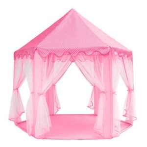 Cort de joaca pentru copii, hexagonal, cu perdele, roz, 135x135x140 cm