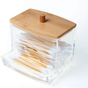 Cutie depozitare pentru betisoare de ureche, din plastic cu capac din lemn bambus, 9 x 7.5 cm - Accesorii pentru baie - Mercaton Store