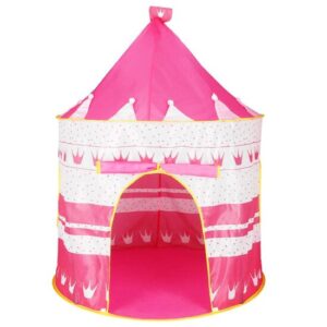Cort de joaca pentru copii, Springos, tip castel, cu husa, model buline si coronite, roz, 100×140 cm