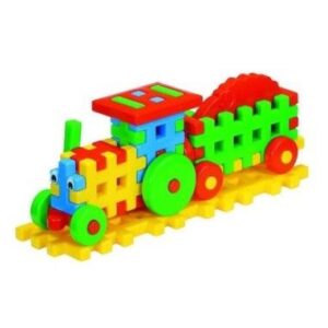 Cuburi constructii pentru copii, Tractor cu remorca multicolor , Dimensiuni 38 x 10,5 x 14,5 cm , MercatonToys - Seturi de constructie si cuburi - Mercaton Store