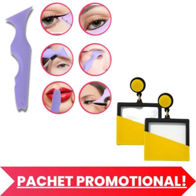 Pachet PROMO – Sablon Multifunctional 5 in 1 Eyeliner Mov si 1 Cercei Gold Filigree, Forma Patrat, Galben cu Negru