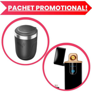 Pachet PROMO – Scrumiera Auto Rotunda cu Iluminare LED, Negru si Bricheta Electrica cu Incarcare USB