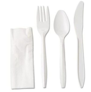 Set de 100 tacamuri de unica folosinta din plastic, furculita, cutit, lingura, servetel alb - Vesela pentru Masa si Tacamuri - Mercaton Store