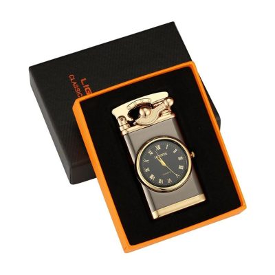 Bricheta Reincarcabila pe Gaz cu Flacara Alba Antivant si Ceas Reglabil Incorporat, 7.5 x 3.8 x 1.5 cm, Negru - Cadouri Diverse - Mercaton Store