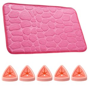 Covoras de baie cu spuma de memorie, Anti-Derapant, Ultra-Absorbant, 60 x 40 cm si 5 Suporti Impermeabili Autoadezivi cu Sistem Push Free pentru Prosoape, 5 x 2.3 cm, Roz - Pachete Promotionale - Mercaton Store