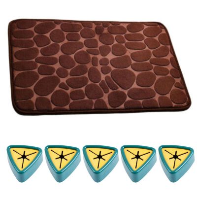 Covoras de baie cu spuma de memorie, Anti-Derapant, Ultra-Absorbant, 60 x 40 cm, Maro si 5 Suporti Impermeabili Autoadezivi cu Sistem Push Free pentru Prosoape, 5 x 2.3 cm, Verde - Pachete Promotionale - Mercaton Store