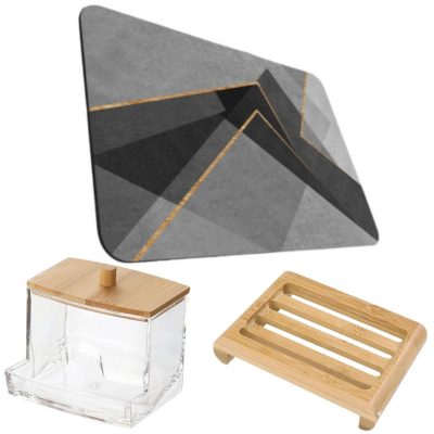 Covoras pentru baie ultra absorbant, anti-alunecare, material Diaton, Model Abstract, 50 x 80 cm cu Sapuniera din lemn natural Bambus, anti-derapanta si Cutie depozitare pentru betisoare de ureche, din plastic cu capac din lemn bambus - Pachete Promotionale - Mercaton Store