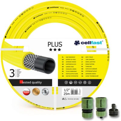Furtun de gradina, 3 straturi, + cadou 2 cuple, 1 adaptor, 1/2", 25 m, Cellfast Plus - Mufe si conectori irigare - Mercaton Store
