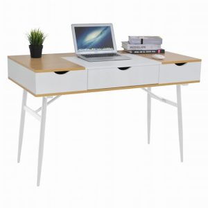 Birou calculator, Jumi, placa MDF, otel, cu sertar, compartimente interioare, alb si natur, 120x60x77 cm - Birouri - Mercaton Store