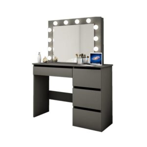 Masa de toaleta/machiaj, neagra, cu oglinda si LED-uri, 94x43x141 cm - Masute de toaleta - Mercaton Store