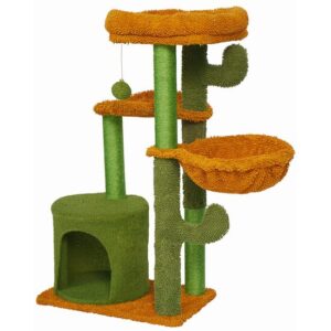 Ansamblu de joaca pentru pisici, Jumi, model cactus, cu platforme, culcus, ciucure, verde si portocaliu, 47x90 cm - Ansambluri de joaca animale - Mercaton Store