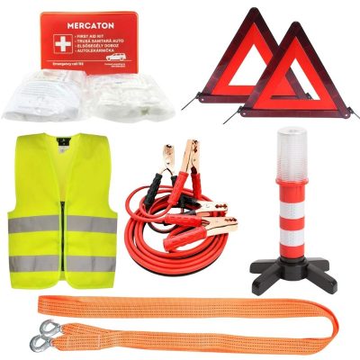 Kit Siguranta Auto Mercaton, 1 Trusa Medicala cu 51 Accesorii, 1 Lampa Avertizare cu 7 LED-uri, 2 Triunghuri Reflectorizante, 1 Vesta Reflectorizanta, 1 Chinga pentru Tractare 4 m, Set Cabluri Alimentare 2.5 m de 300A - Pachete Promotionale - Mercaton Store