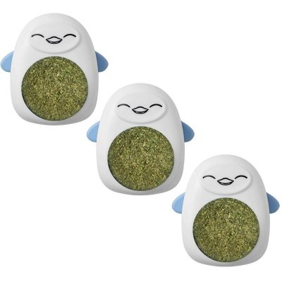 Set 3 Jucarii Mercaton pentru Pisicute, Model Pinguin, Minge Rotativa 360° din Iarba Catnip, 6 cm, Albastru - Pachete Promotionale - Mercaton Store