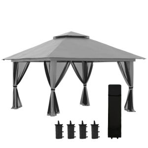Pavilion/foisor pentru gradina/terasa, pliabil cu inaltime ajustabila, material Oxford, cadru metalic, cu plasa insecte, 4 contragreutati, gri, 3.92x3.92x2.83 m