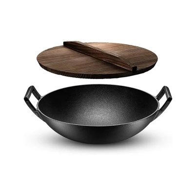 Vas de fonta tip Wok cu capac de lemn