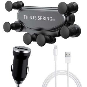 Suport telefon auto pe grila ventilatie cu cablu usb la lightning 1m fast charging si incarcator auto usb 1a disponibil la Mercaton. Comanda acum