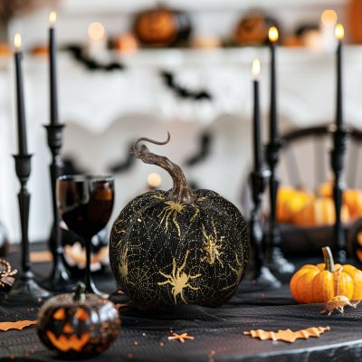 Dovleac decor de Halloween - 11 cm - negru cu paianjen Dovleac decor de Halloween - 11 cm - negru cu paianjen